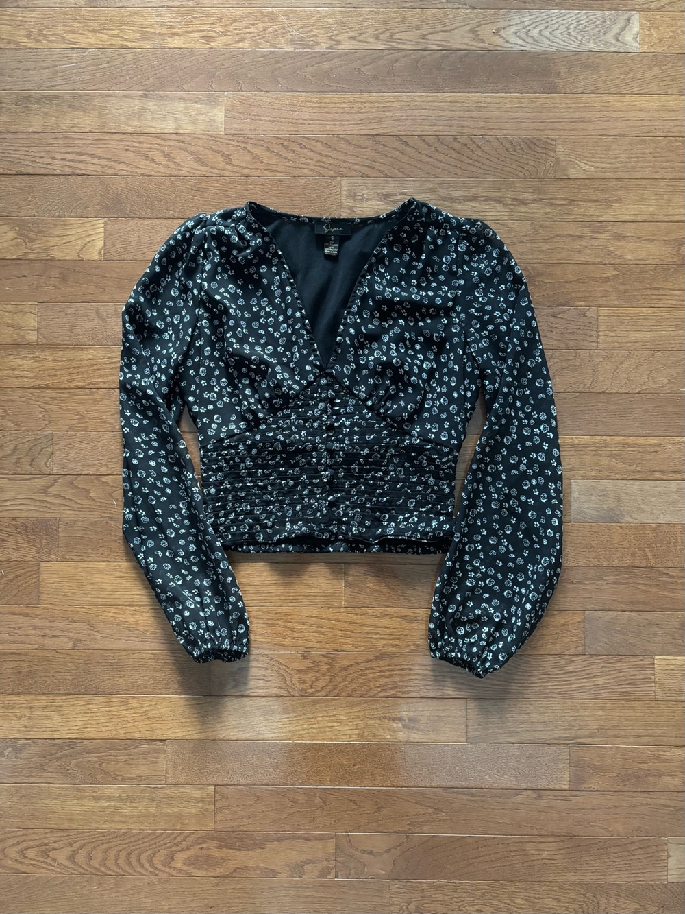 Japna Black and White Sheer Long Sleeve Floral Print Smocked Button Down Top